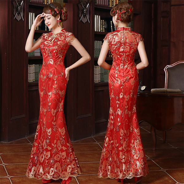 Chinese style Vintage / Retro Red Quinceañera Prom Dresses 2019 Ball Gown  High Neck Pearl Lace Flower Long Sleeve Backless Floor-Length / Long Formal  Dresses